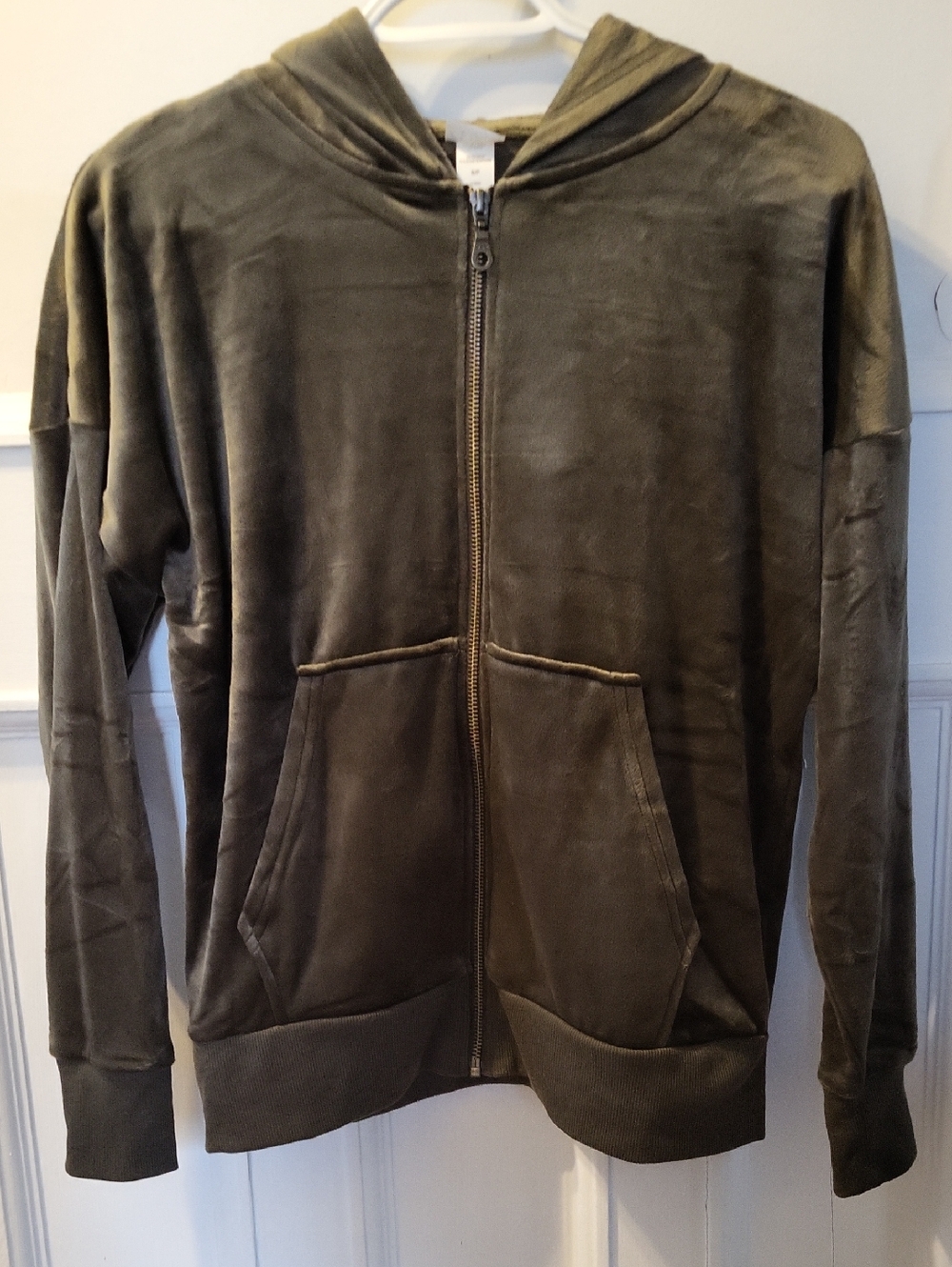 Womens Velour Olive Green Zip-Up Hoodie by Black Bow